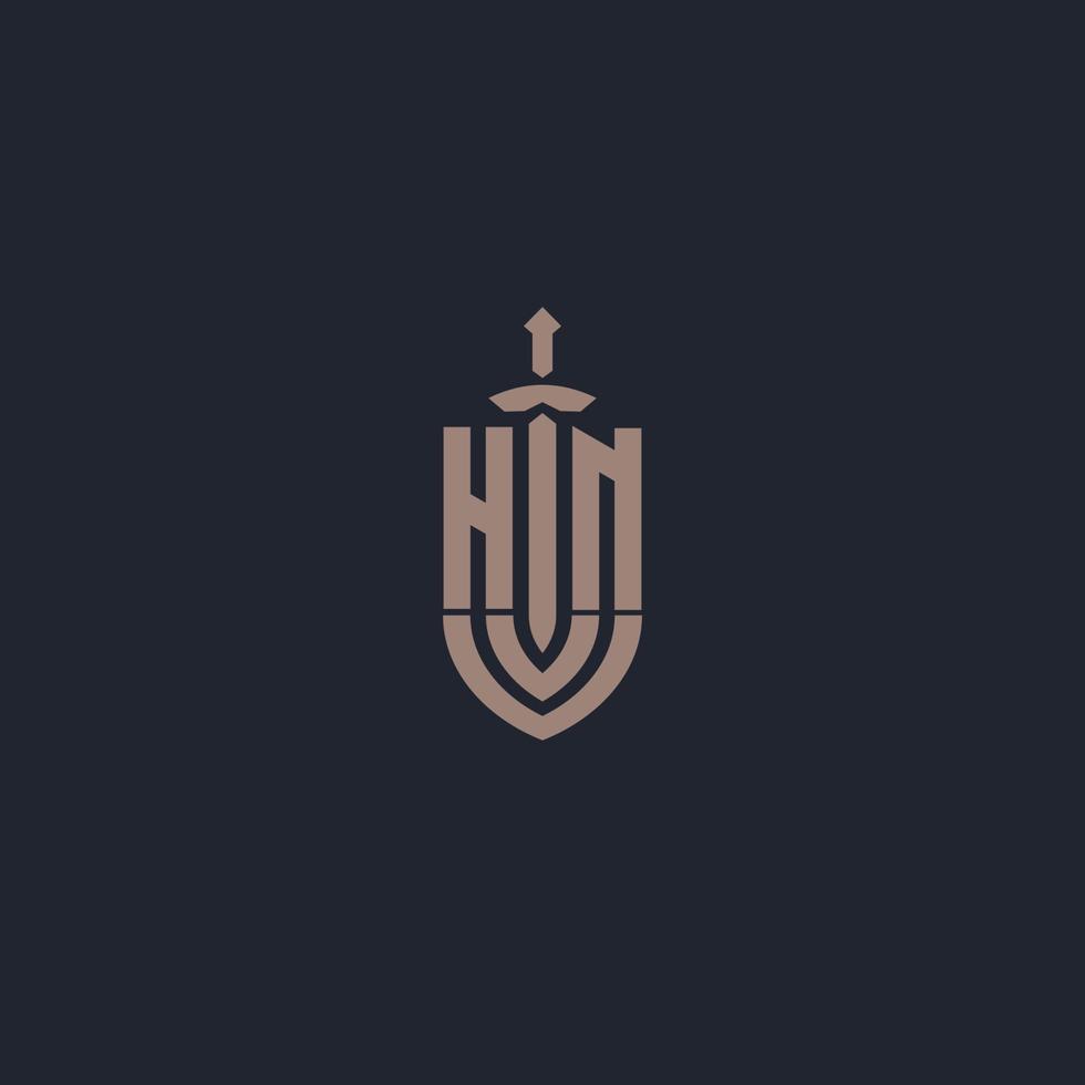 monograma del logotipo hn con plantilla de diseño de estilo espada y escudo vector
