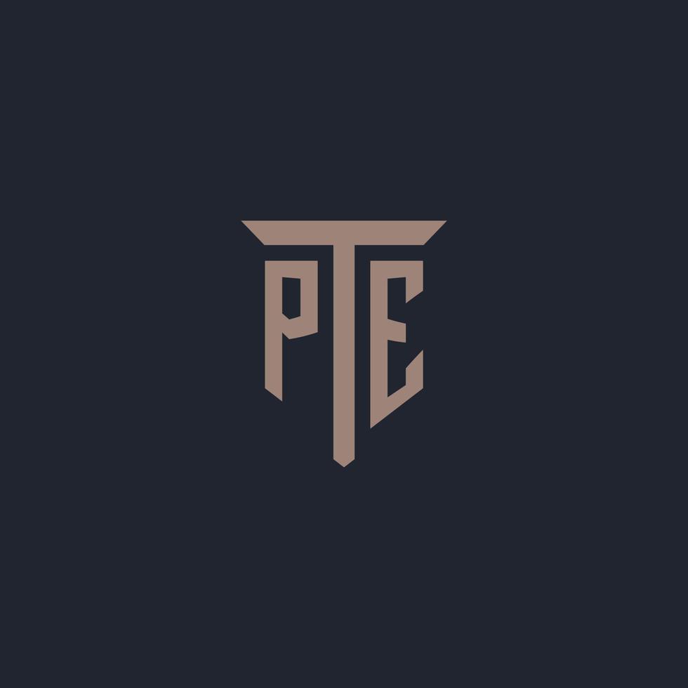 PE initial logo monogram with pillar icon design vector