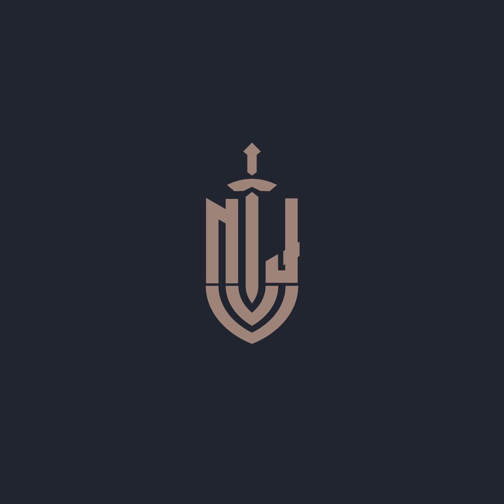 NJ logo monogram with sword and shield style design template vector