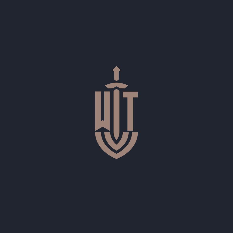 WT logo monogram with sword and shield style design template vector