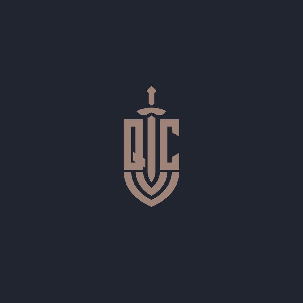 QC logo monogram with sword and shield style design template vector