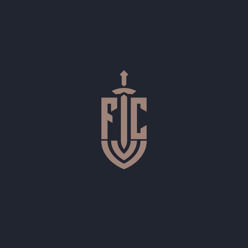 monograma del logotipo fc con plantilla de diseño de estilo espada y escudo vector