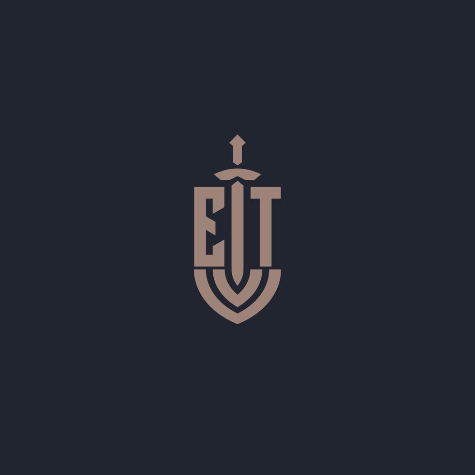 ET logo monogram with sword and shield style design template vector