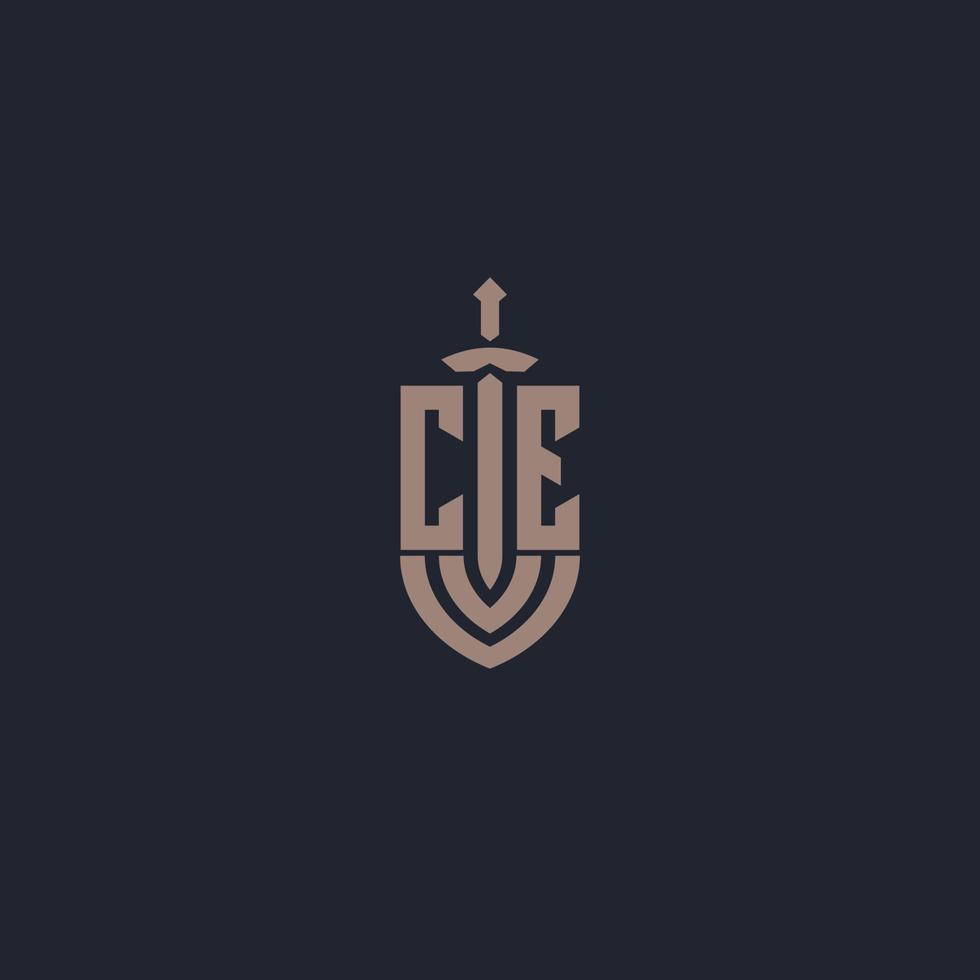 CE logo monogram with sword and shield style design template vector