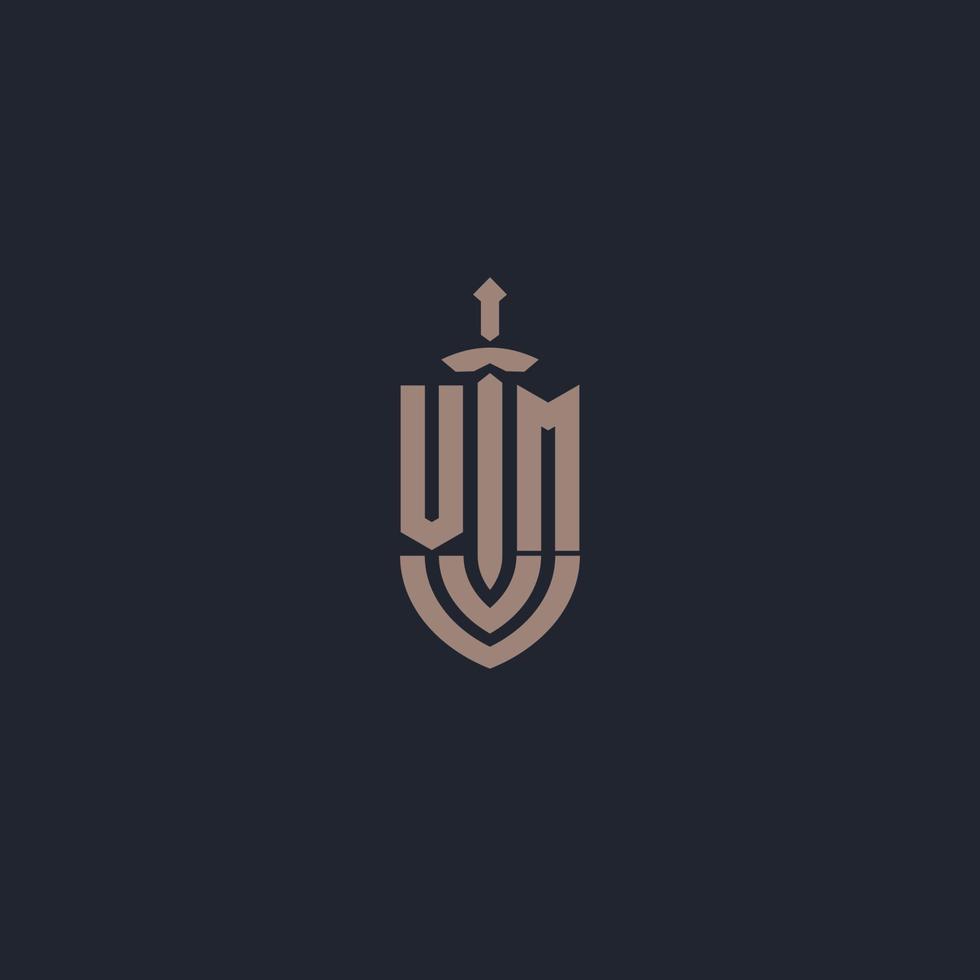 VM logo monogram with sword and shield style design template vector