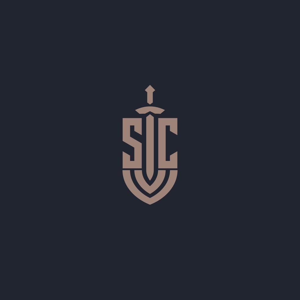 monograma del logotipo sc con plantilla de diseño de estilo espada y escudo vector