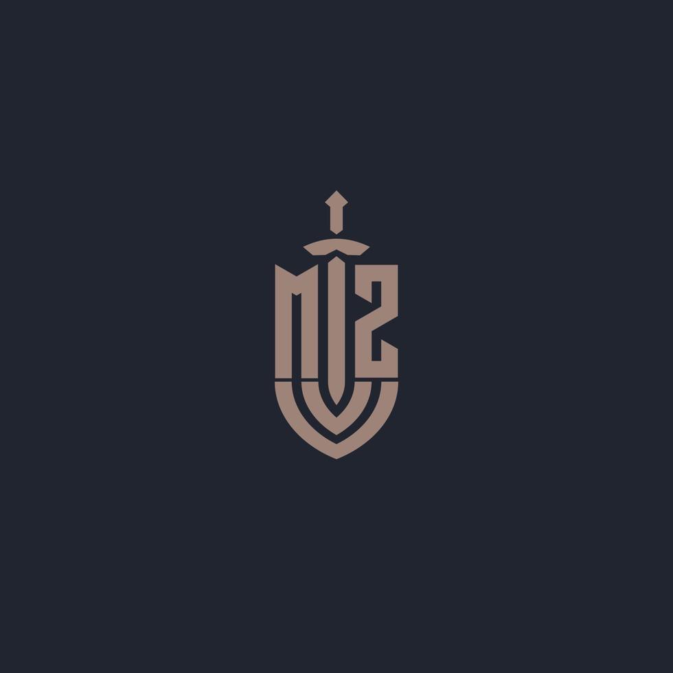 MZ logo monogram with sword and shield style design template vector