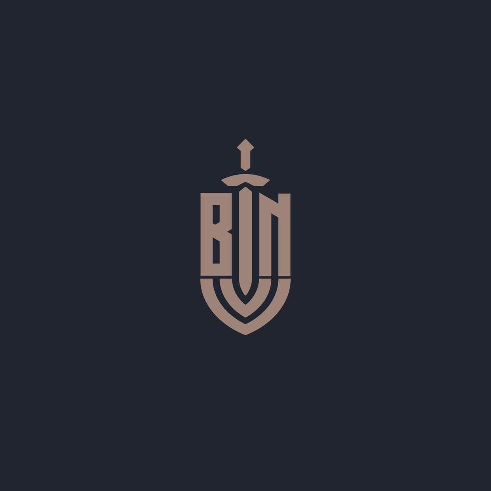 BN logo monogram with sword and shield style design template vector