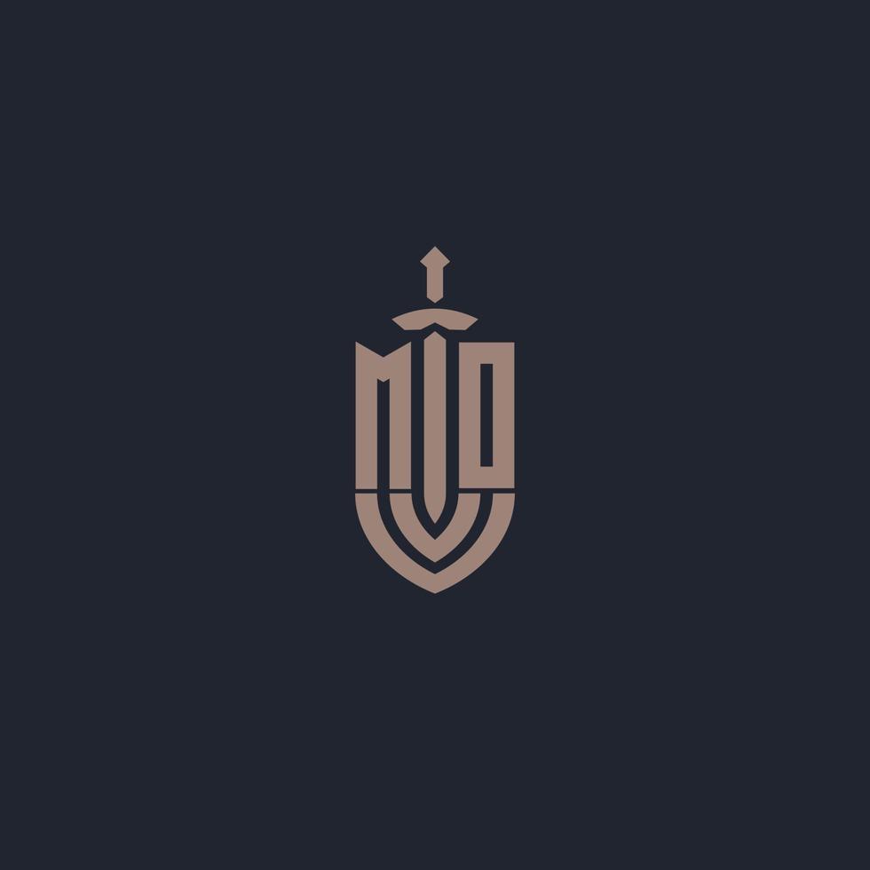 MO logo monogram with sword and shield style design template vector
