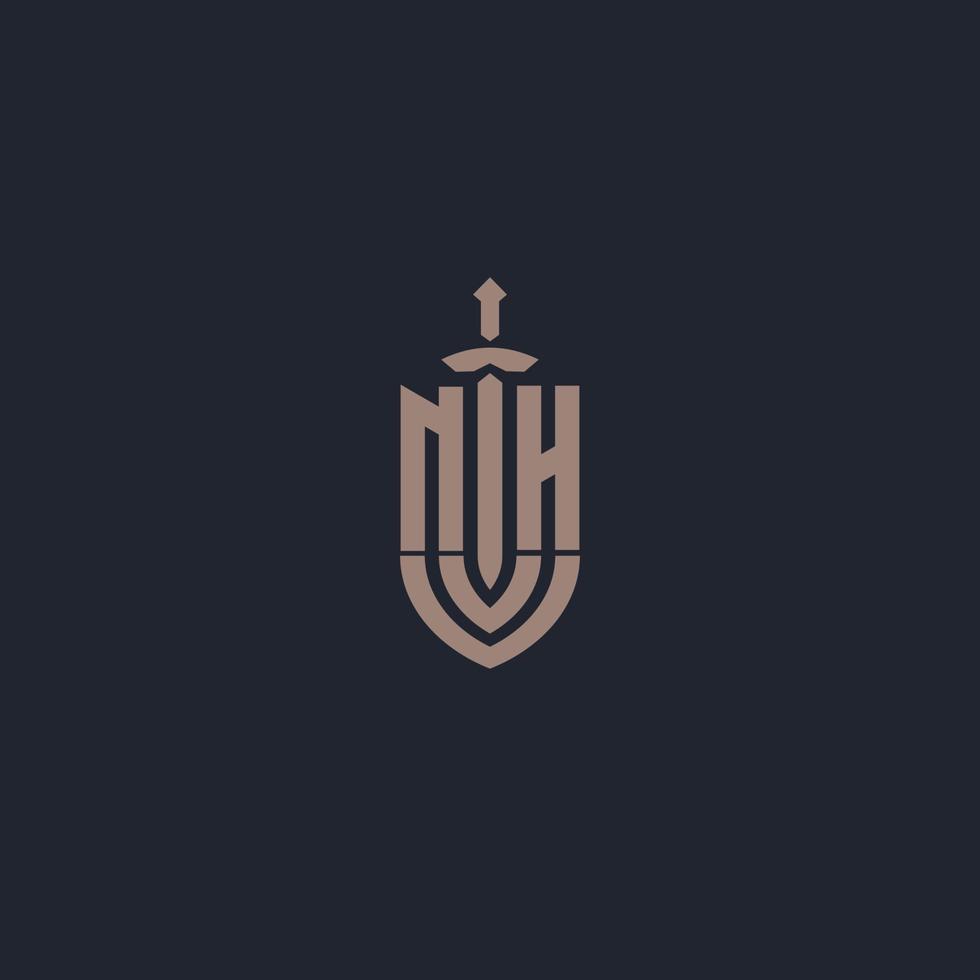 NH logo monogram with sword and shield style design template vector