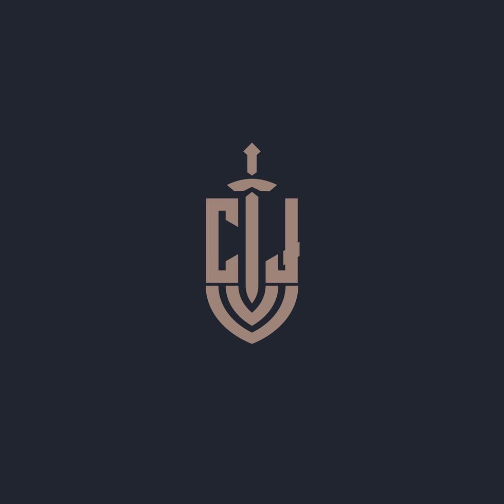 CJ logo monogram with sword and shield style design template vector