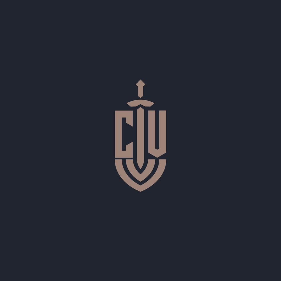 CV logo monogram with sword and shield style design template vector