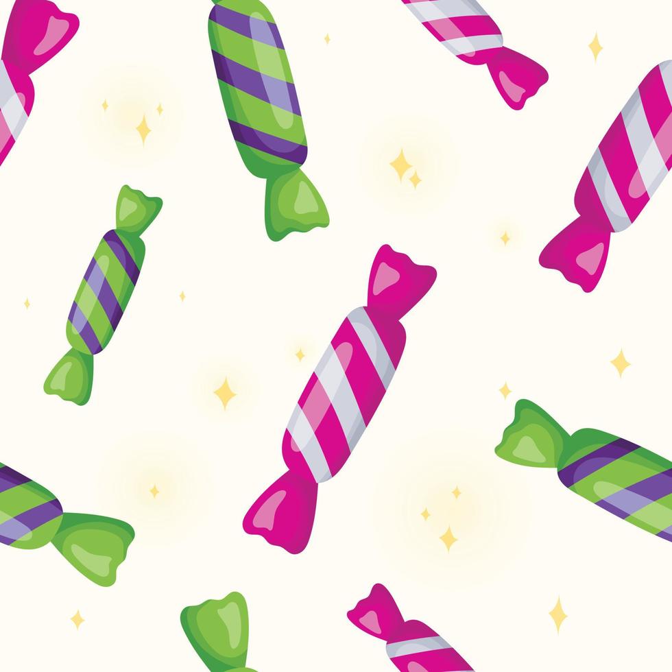 Vector seamless pattern with candies sweets in a shiny striped wrapper.