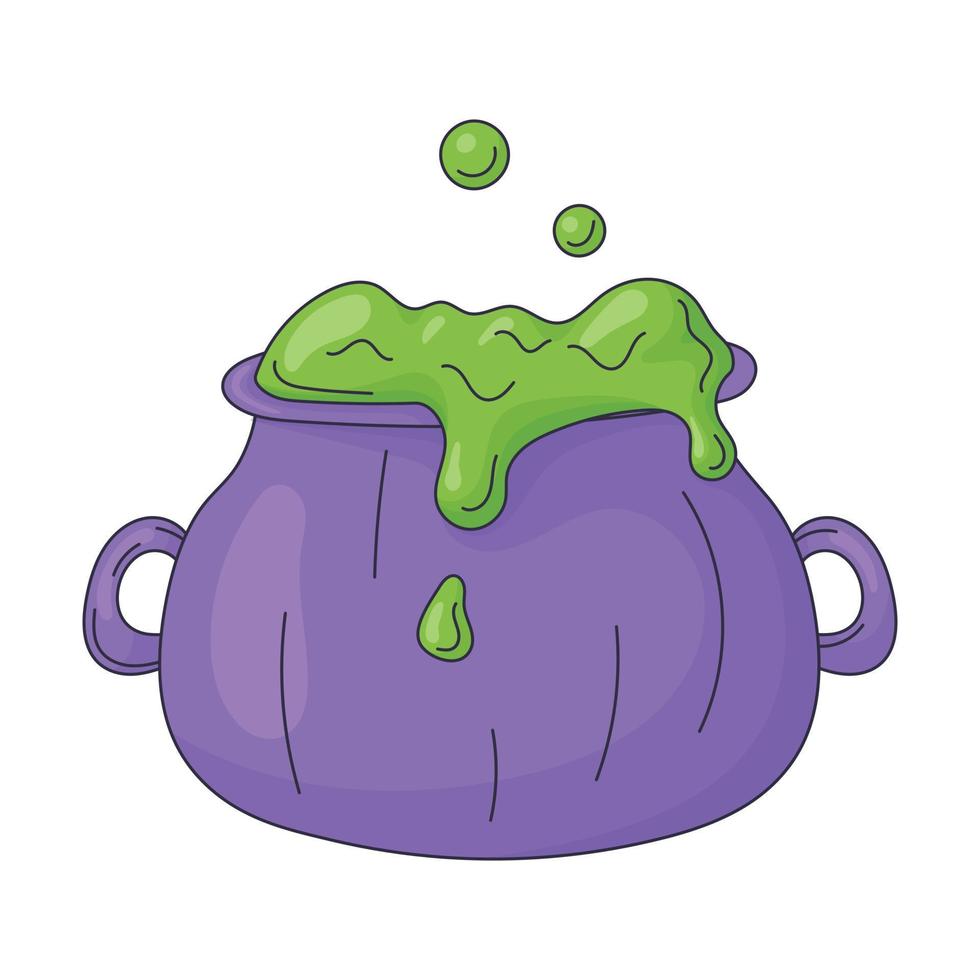 Vector isolated illustration of witch magic iron cauldron with witchcraft green potion. Halloween concept sticker or design element.