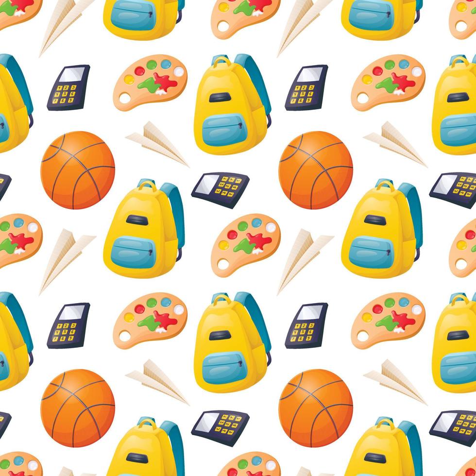 Vector seamless cartoon pattern with childrens school supplies, a backpack and a basketball.