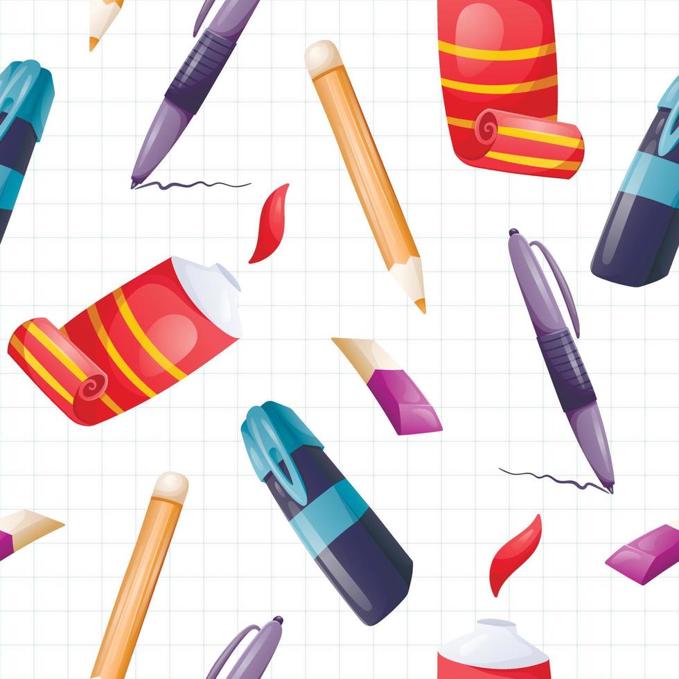 Vector seamless cartoon school pattern. Stationery and accessories on a background from a notebook sheet in blue cage.