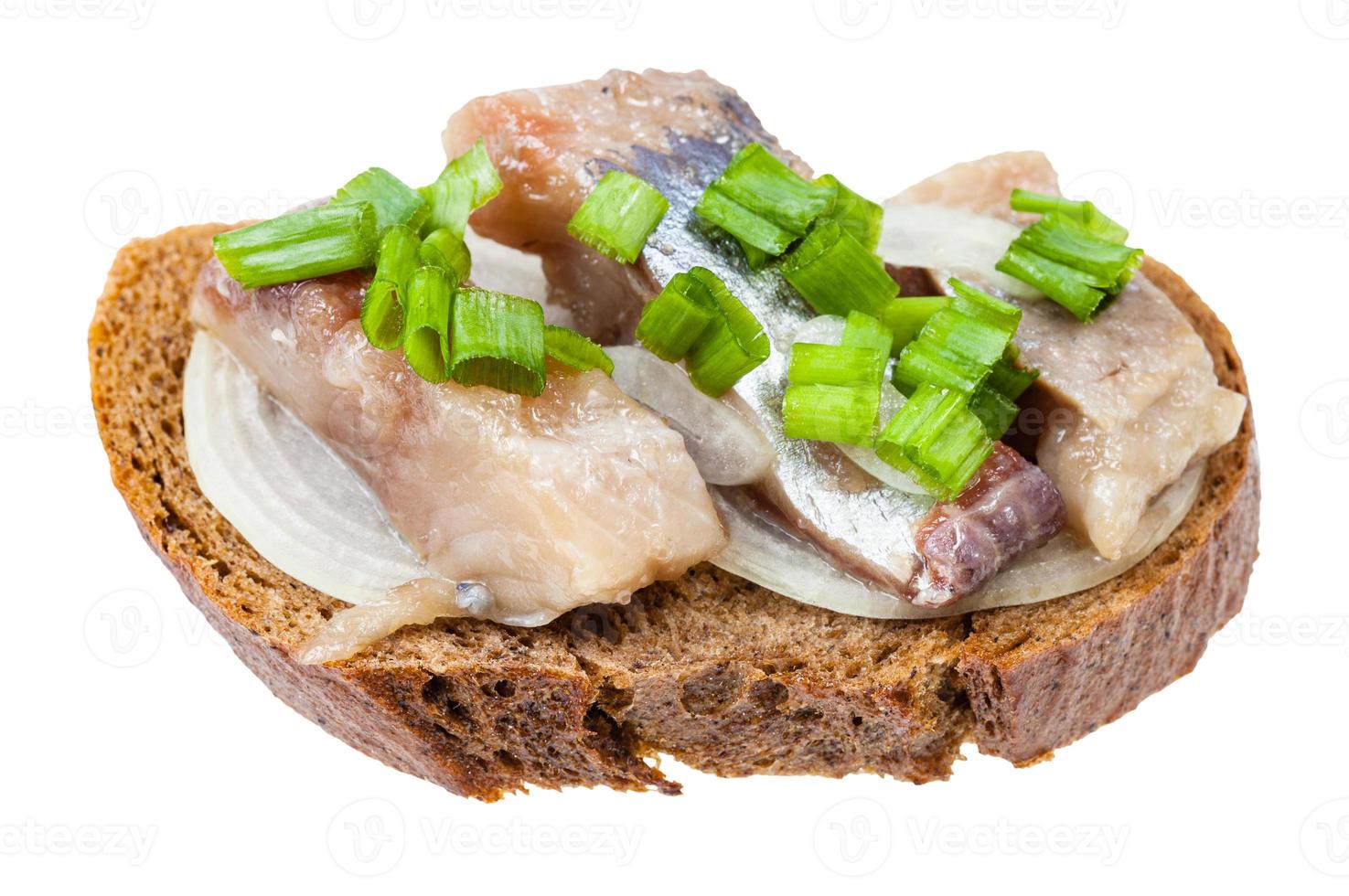 open sandwich with rye bread, herring and onion photo
