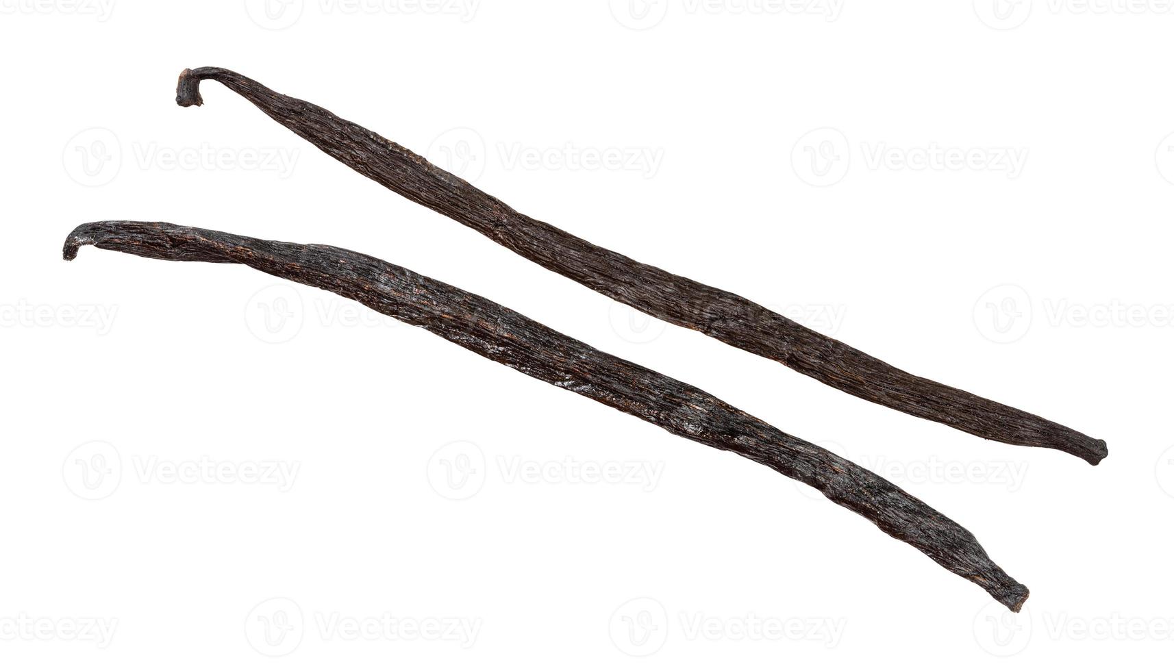 two different whole vanilla pods isolated on white photo