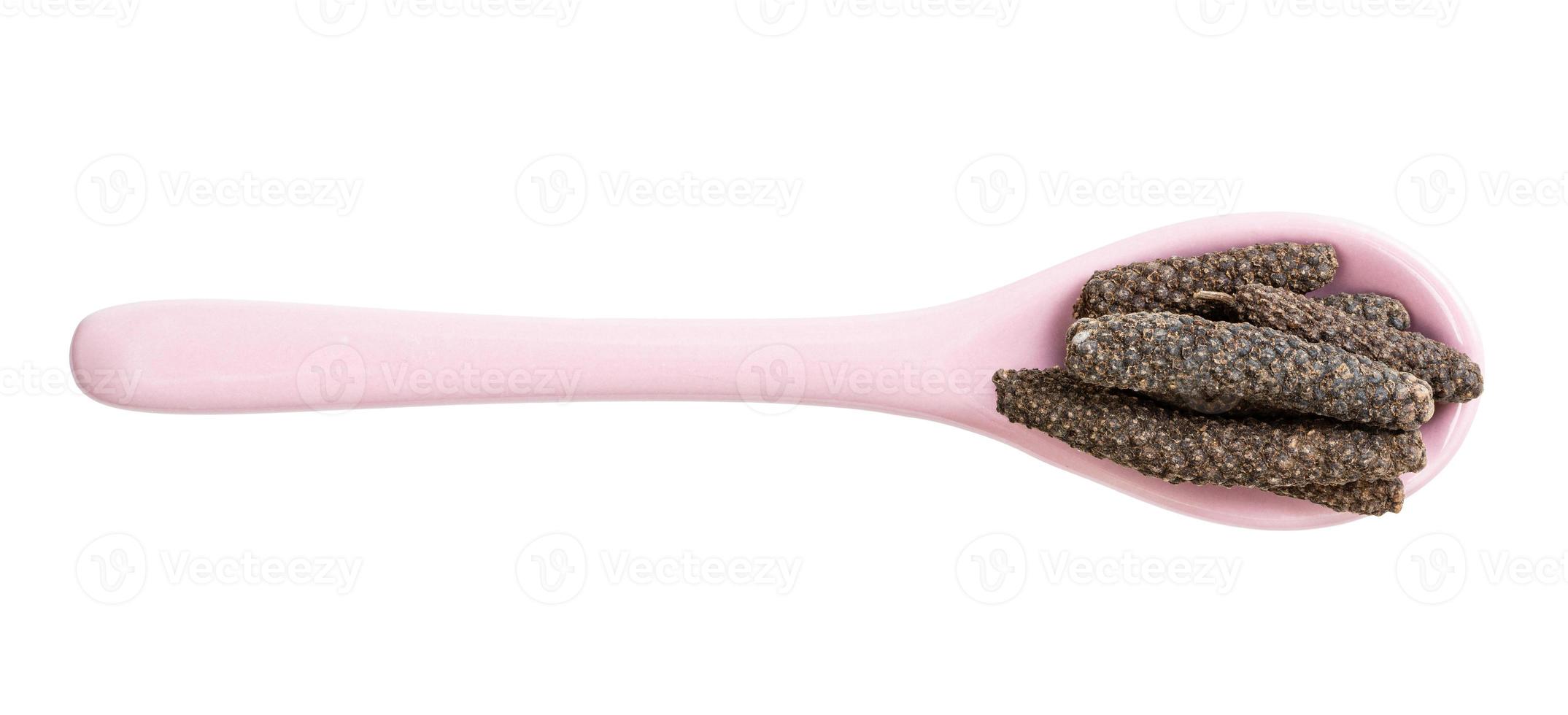 top view of ceramic spoon with java long peppers photo