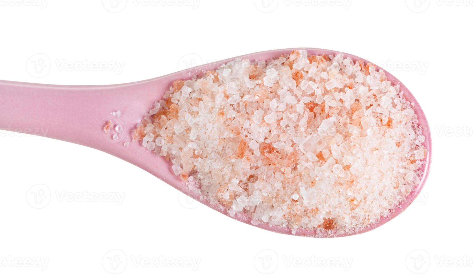 top view of ceramic spoon with pink Salt close up photo