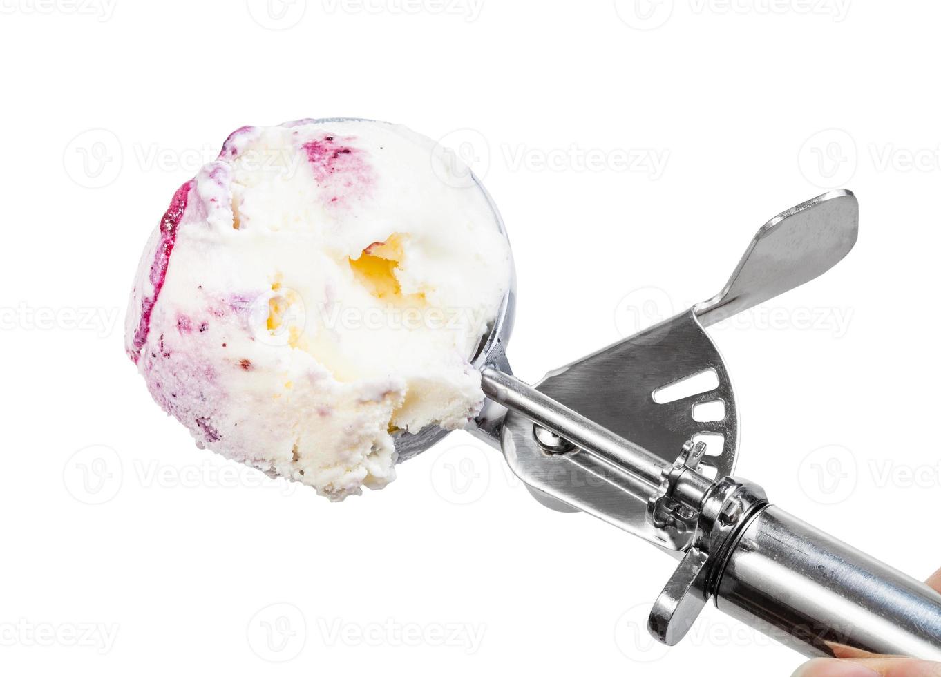 ball of ice cream with blueberries in disher scoop photo