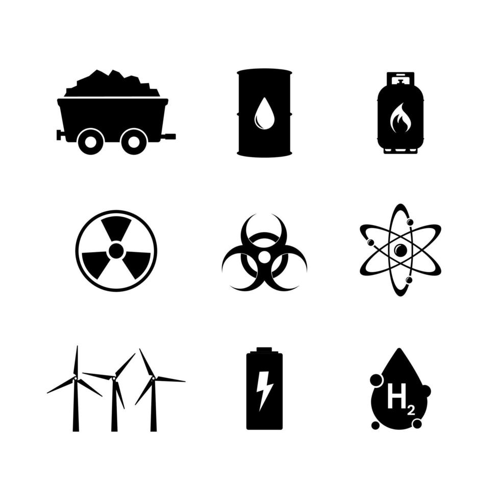 Energy icons set. Coal Gas Oil Nuclear Hydrogen vector