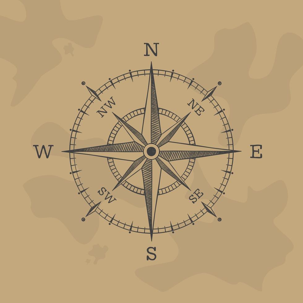 The wind rose compass vector style retro on old map