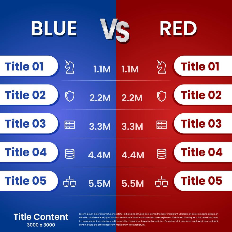 tabla infográfica que compara información comercial entre rojo y azul vector