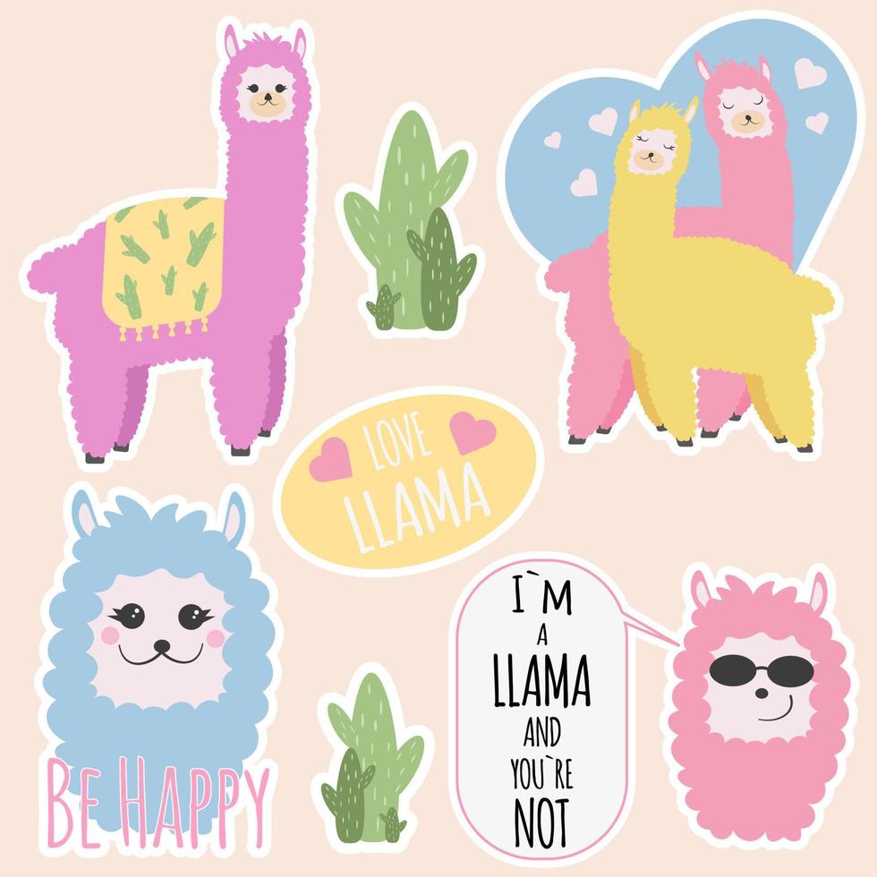 Stickers with llamas. Lama. Lovely llamas. Vector illustration.