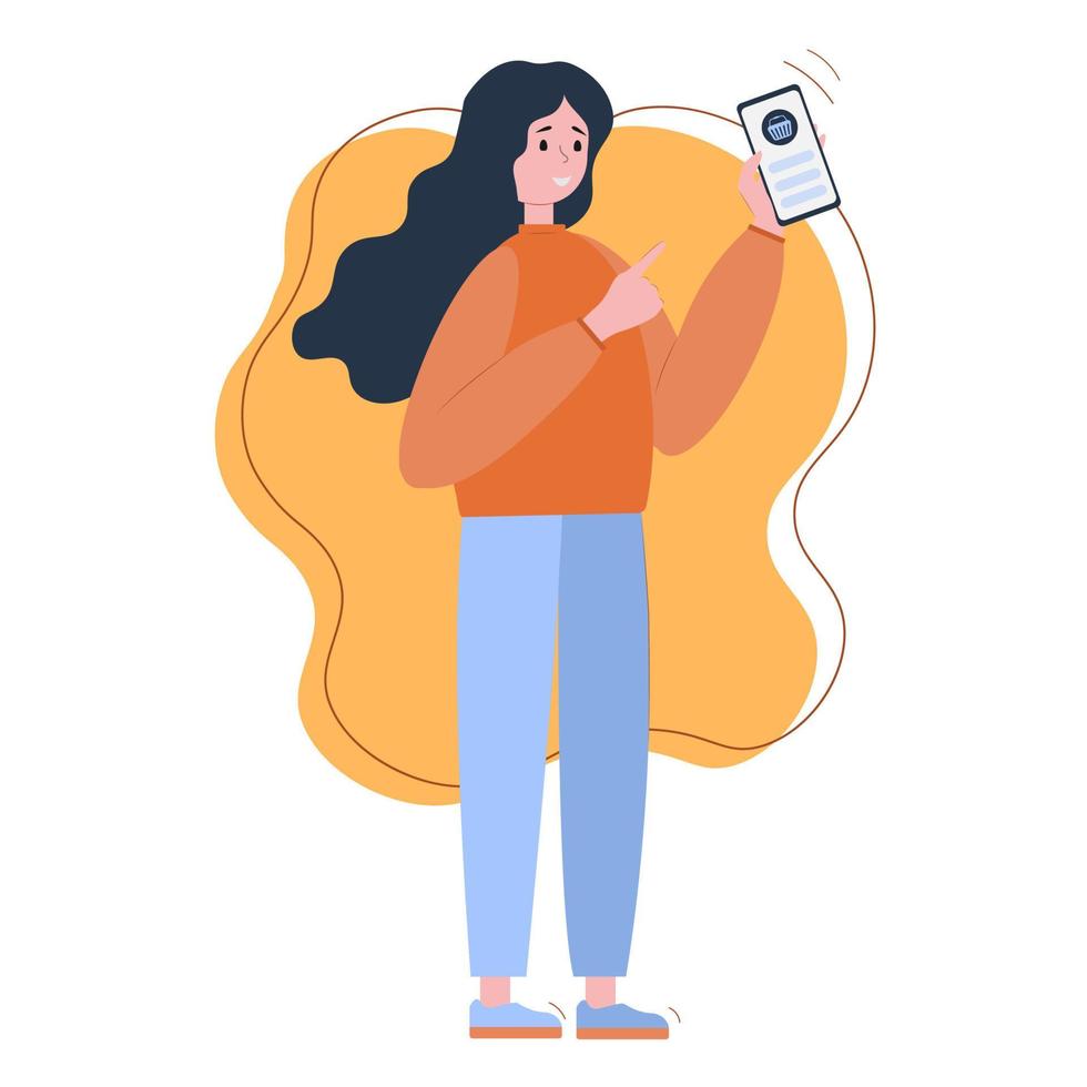 concepto de compras en línea. las compras en línea. una mujer con un teléfono en las manos compra en internet. estilo plano ilustración vectorial vector