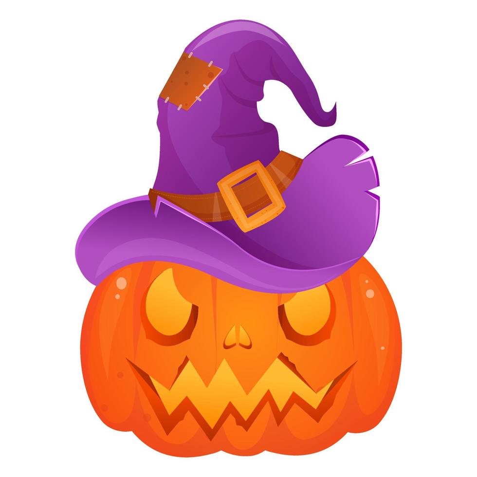 Cartoon halloween pumpkin in violet witch's hat. Pumpkin face isolated on white background. Vector. vector