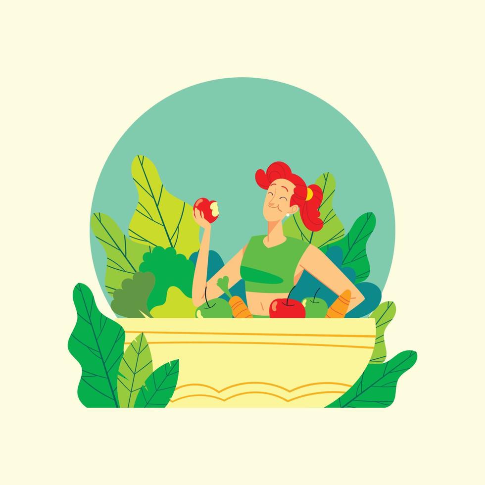 Woman Eat Apple in a Huge Vegetarian Bowl vector