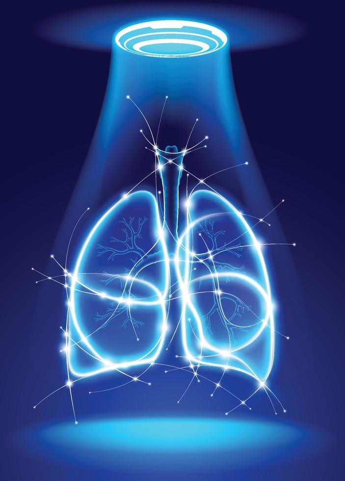 Ilustración de pulmón humano en 3d compuesta de curvas blancas brillantes sobre un fondo azul con puntos brillantes que representan tecnología médica. vector
