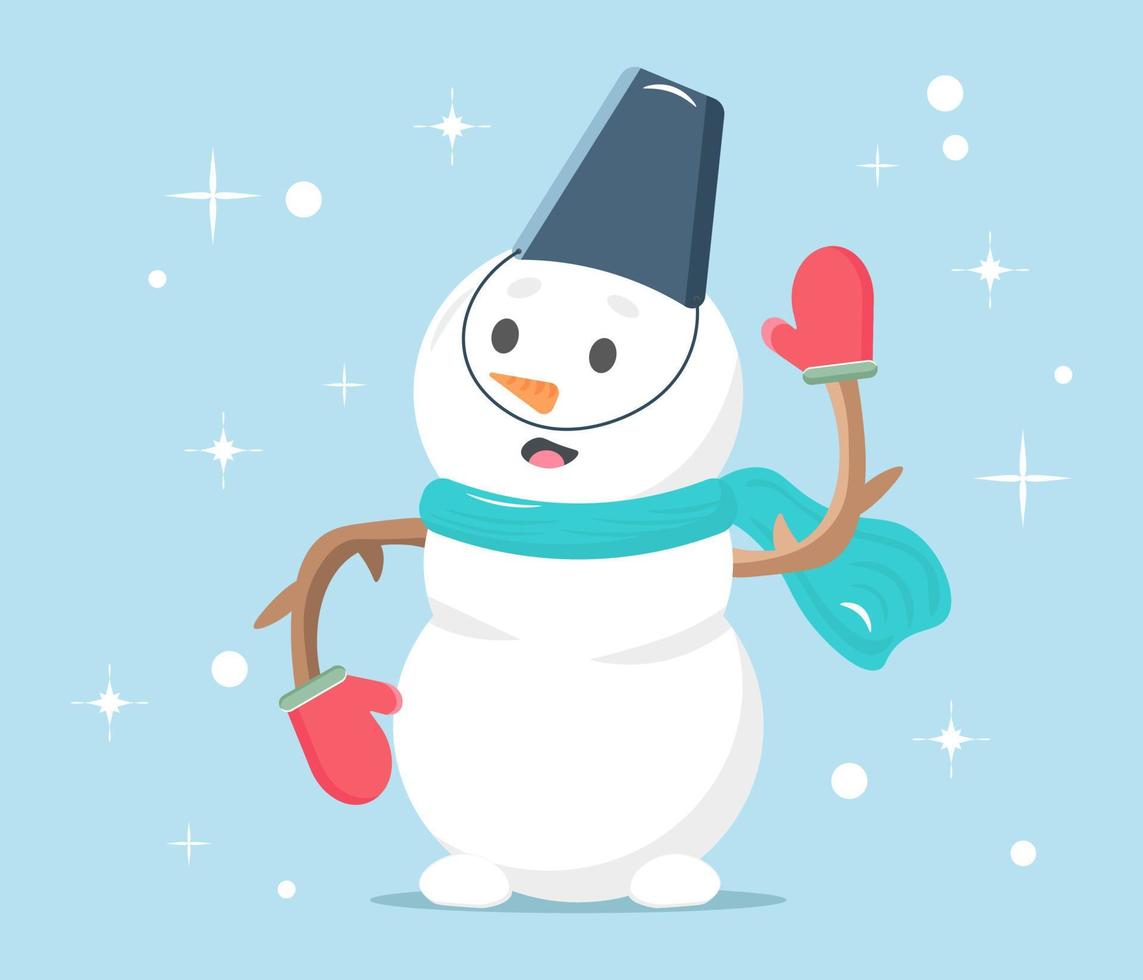 cute beautiful cartoon snowman made of snow with a bucket on his head and gloves on a blue background with snowflakes vector