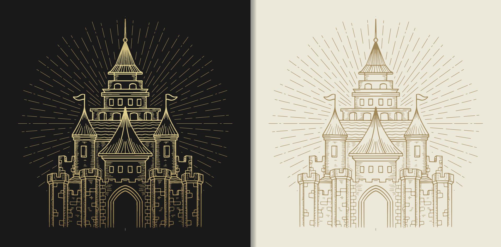 Fantasy castle of the king, golden hand drawn vector