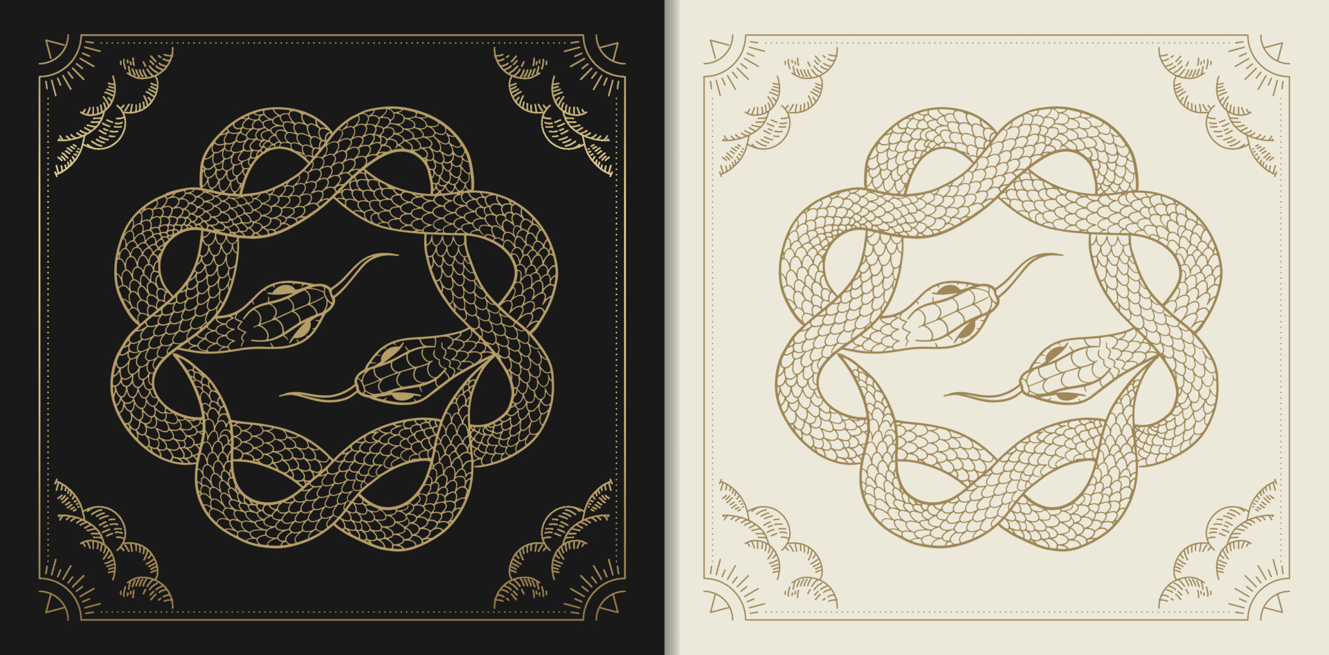 Two snakes are wrapped around each other to form a circle or star