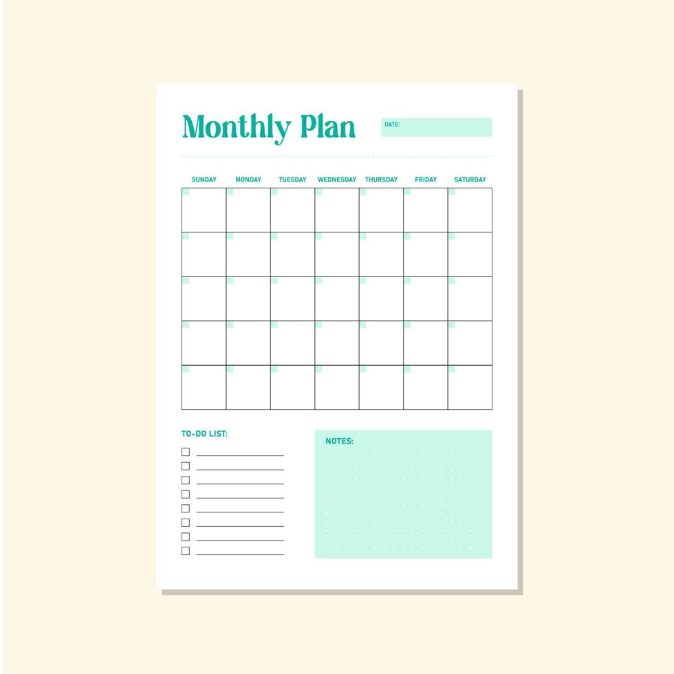 green monthly planner vector template