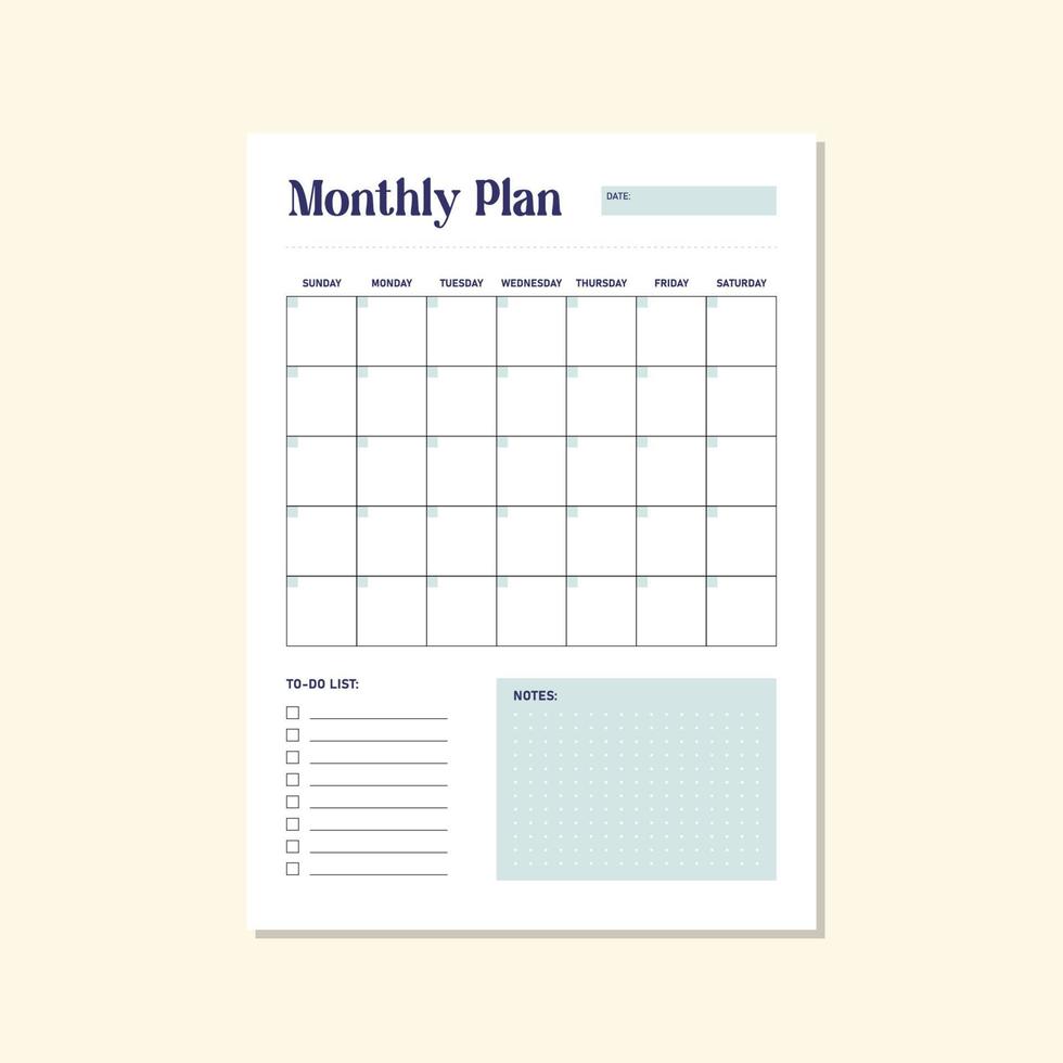 blue monthly planner vector template