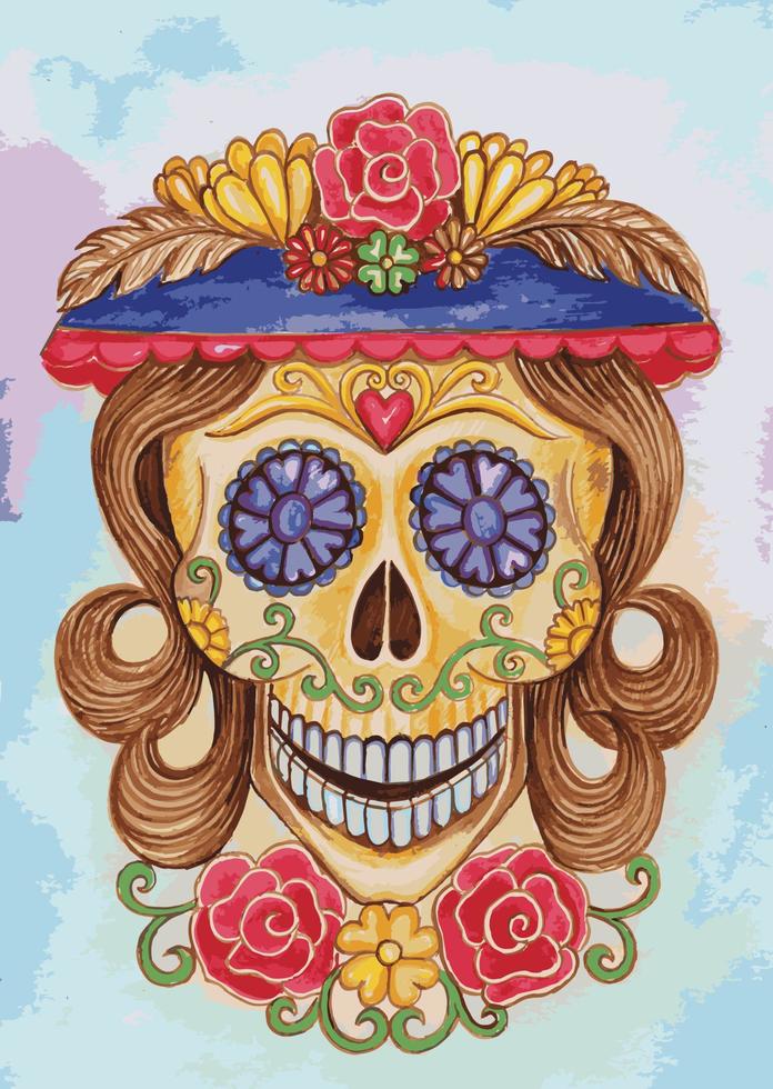 arte chica calavera día de muertos. pintar con acuarela a mano y hacer un vector gráfico.