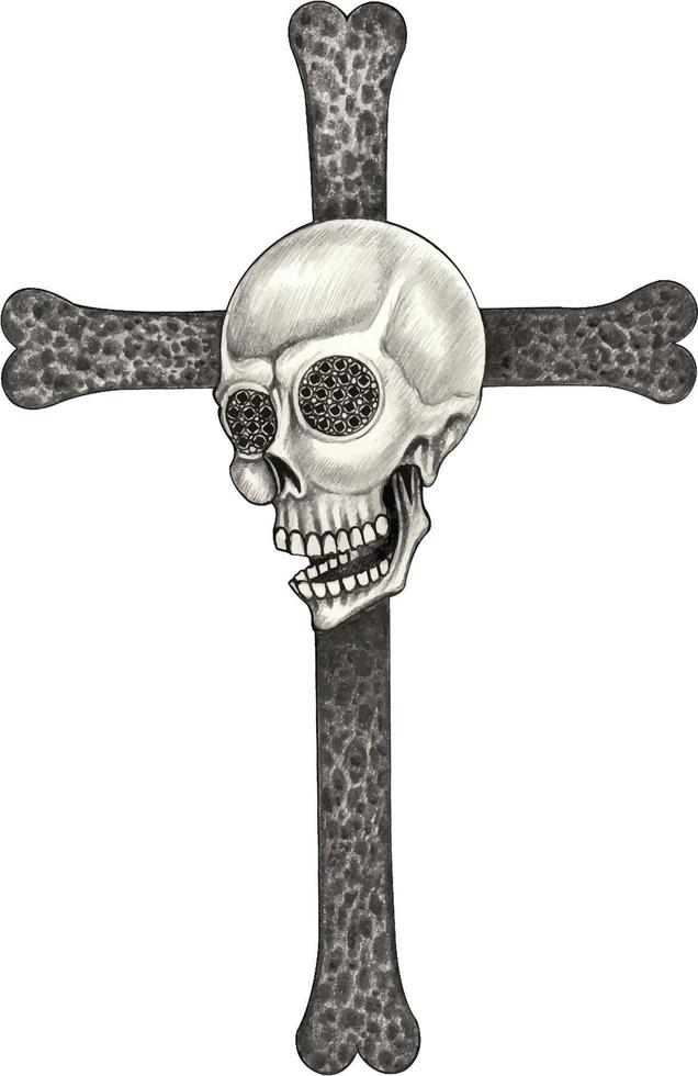 Art skull mix cross bone. Hand drawing and make graphic vector. vector