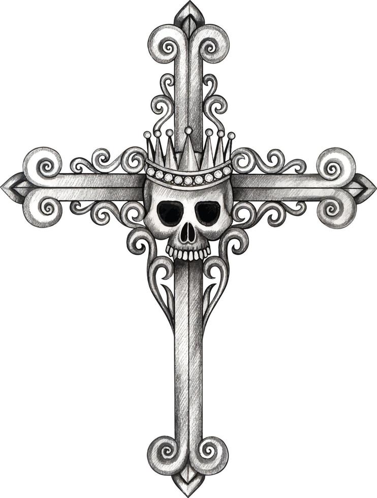 Art vintage mix king skull cross. Hand drawing and make graphic vector. vector