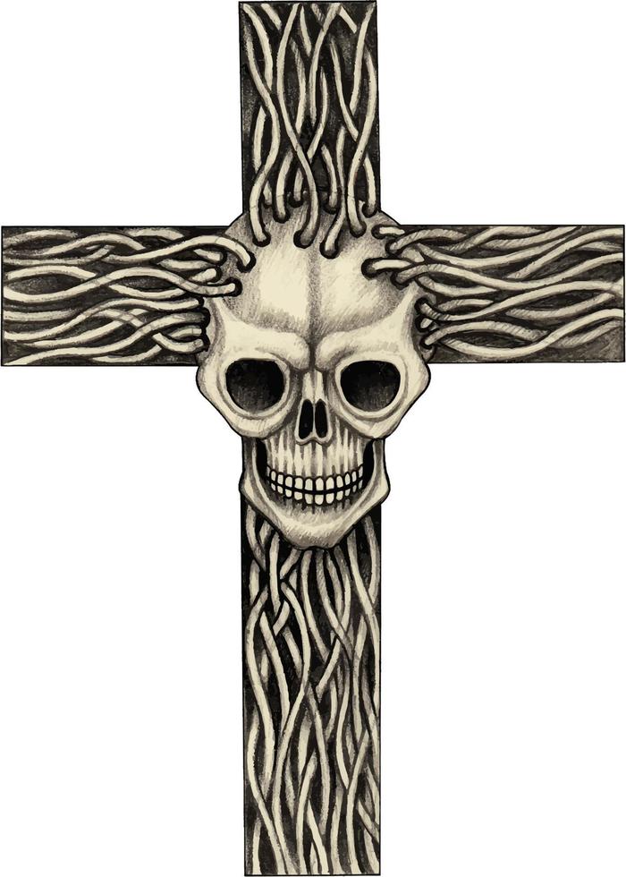 Art surreal skull cross. Hand drawing and make graphic vector. vector