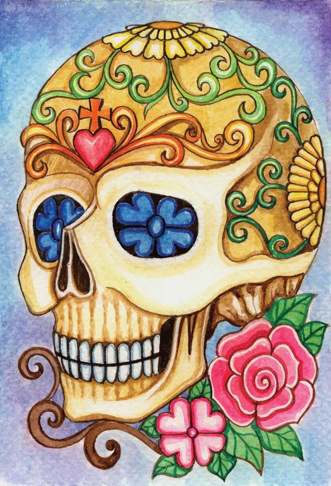 calavera de arte dia de muertos. pintar con acuarela a mano y hacer un vector gráfico.