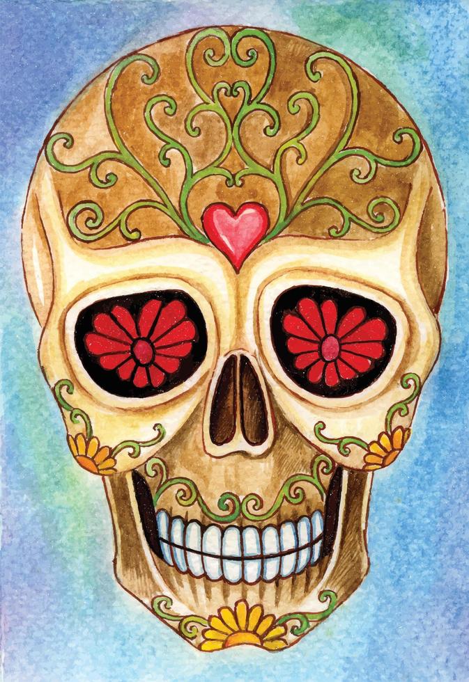 calavera de arte dia de muertos. pintar con acuarela a mano y hacer un vector gráfico.