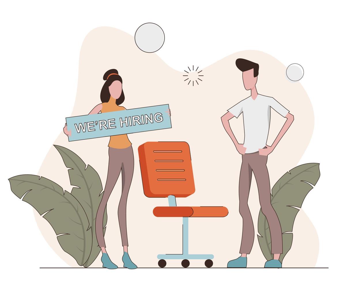 Hiring new staff. Man and woman standing next to an empty chair in an office vector