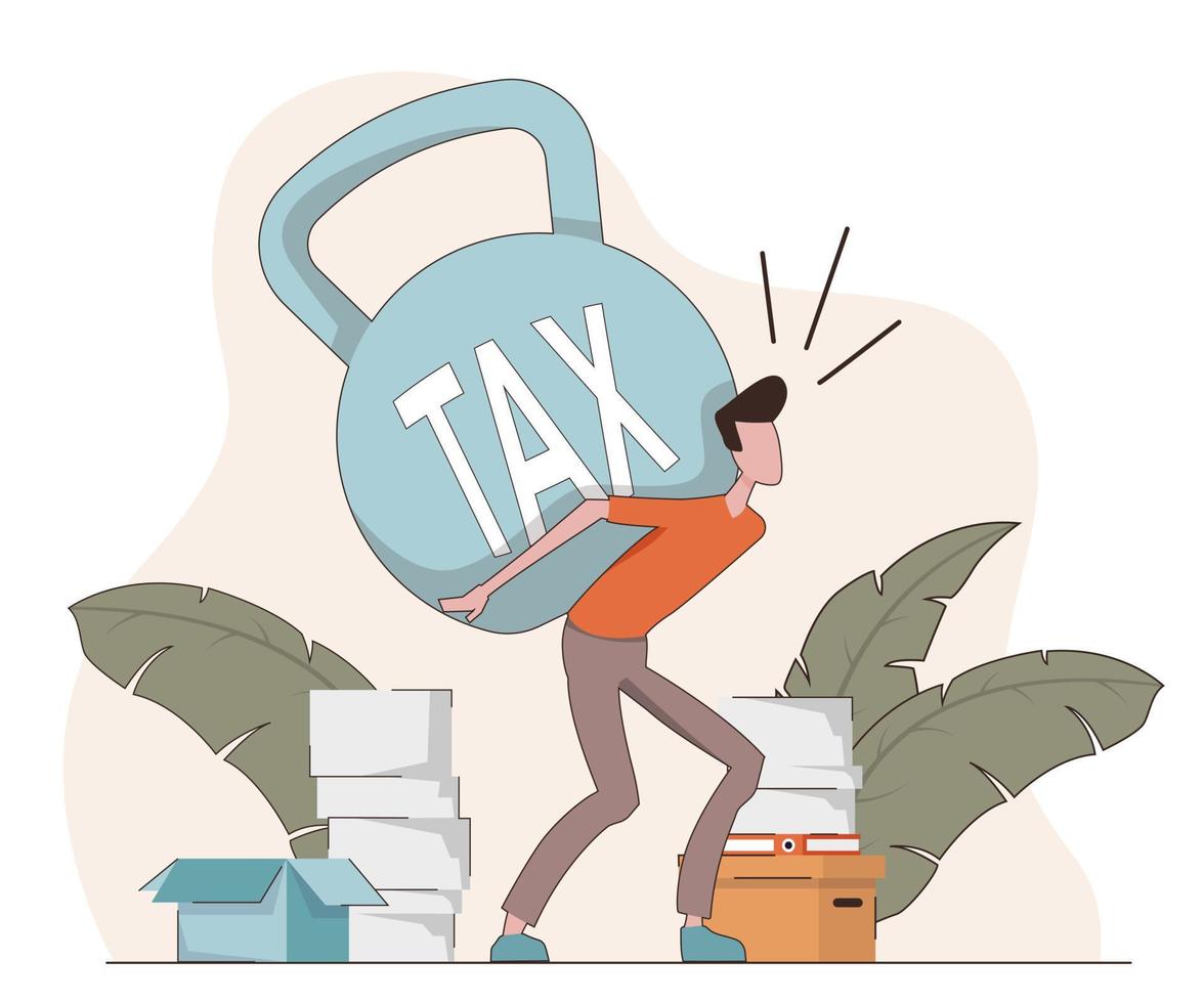 Tax. A man carries a heavy weight on his back vector