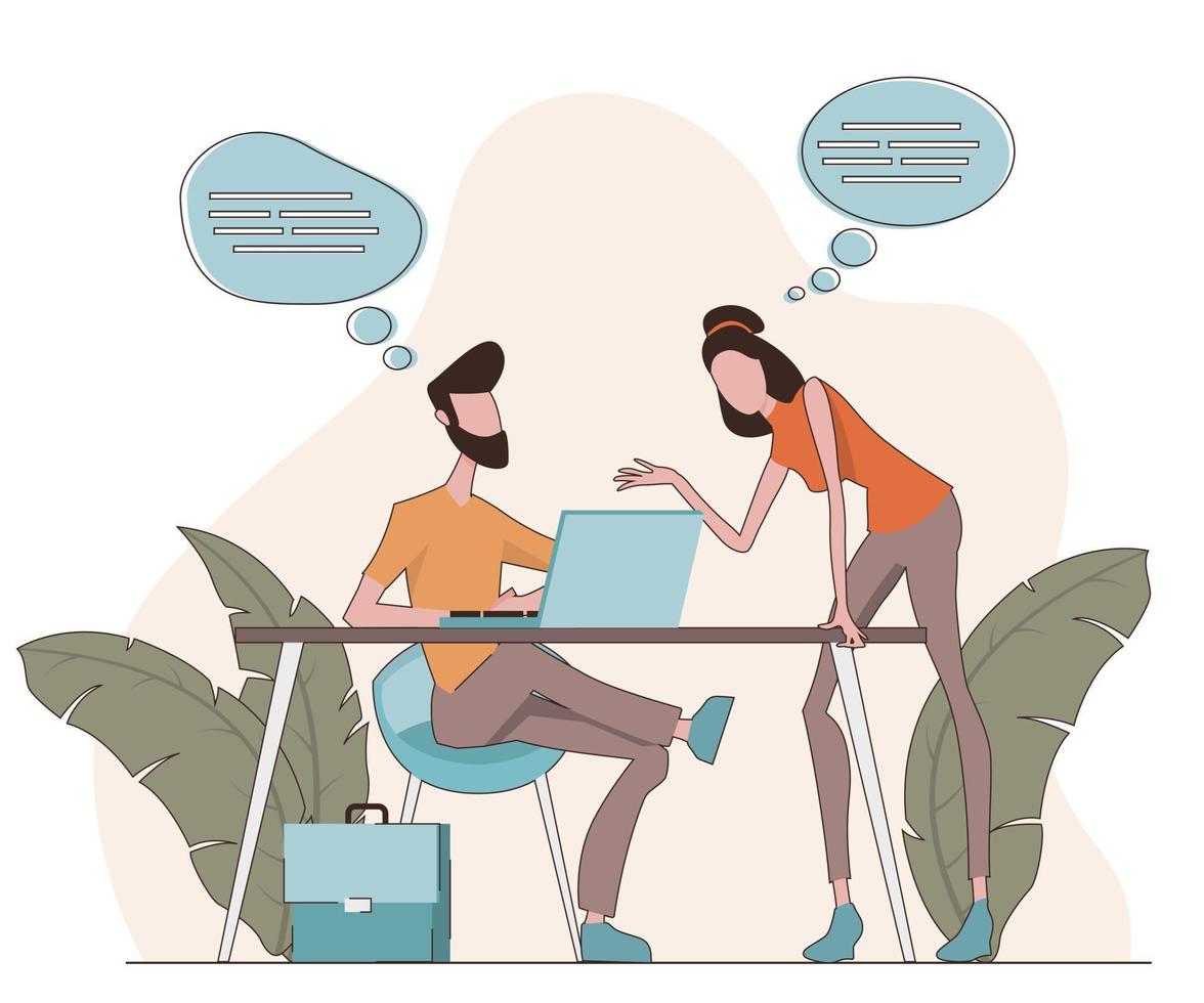 Business discussion. A man and a woman in an office discussing vector