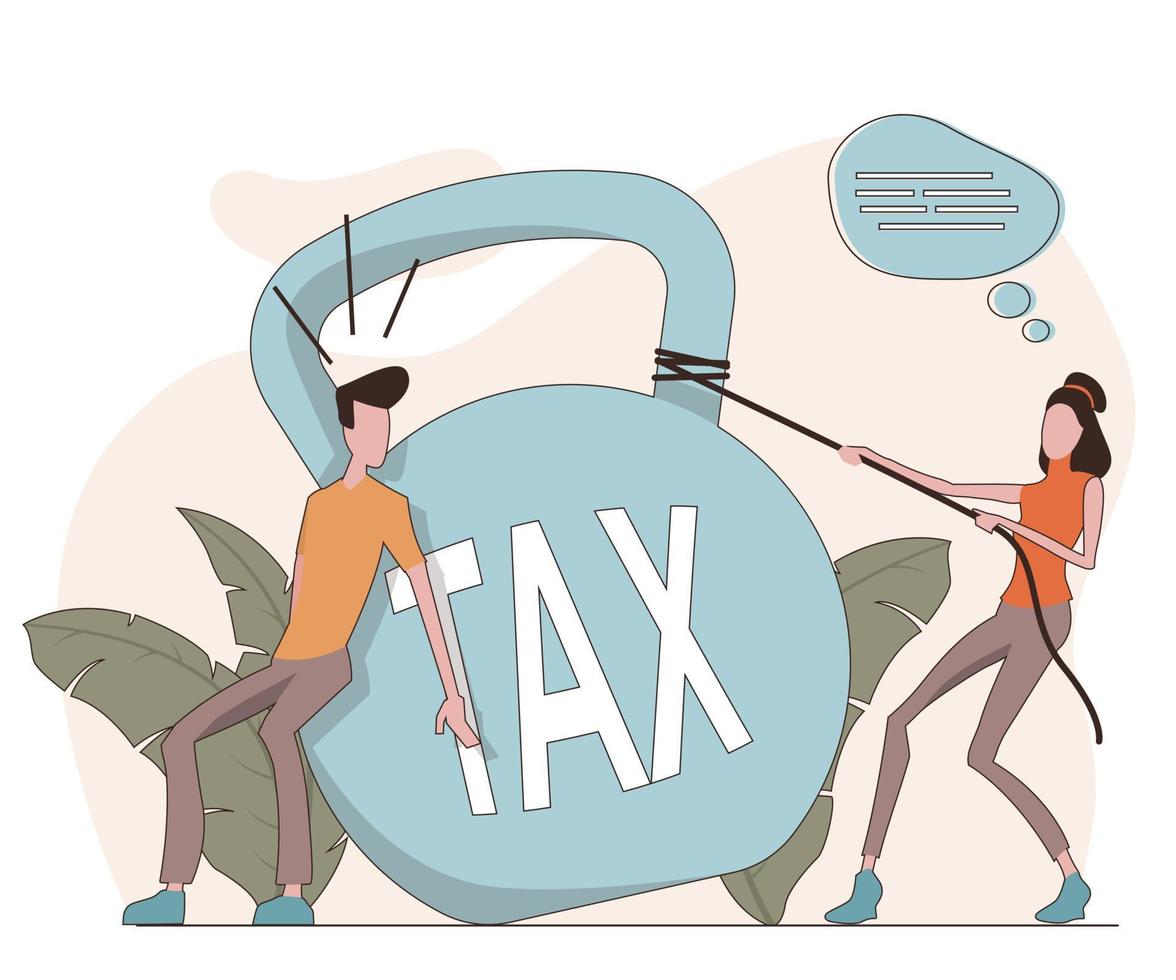 Huge Tax. A man and a woman trying to move a large weight vector