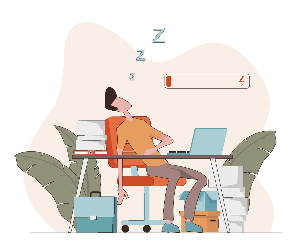 Burned out at work. A man sleeps in the office at his desk vector