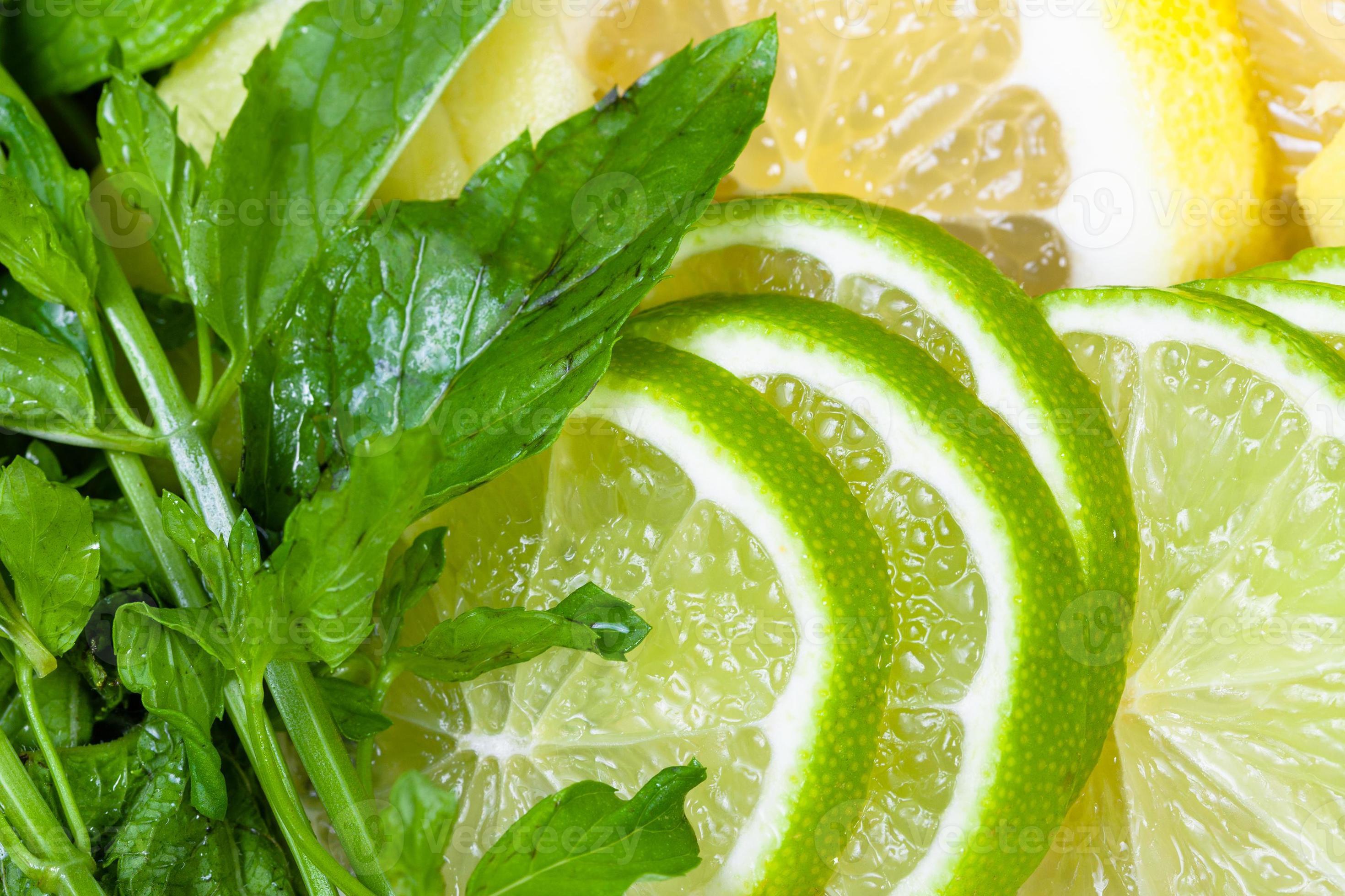 mint leaves and sliced fresh limes, lemons, ginger 11395263 Stock Photo